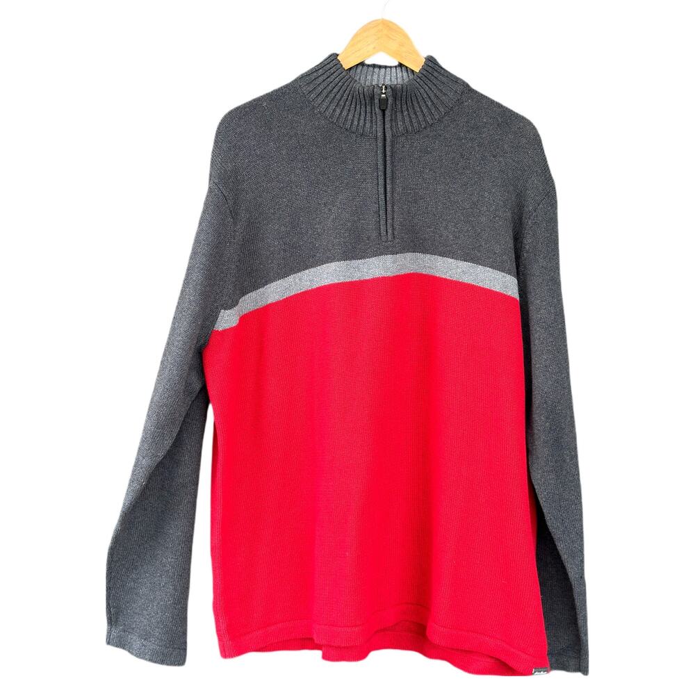 Eddie Bauer Men’s 2XL Cotton Long Sleeve 1/3 Zip Red Grey Pullover Sweater